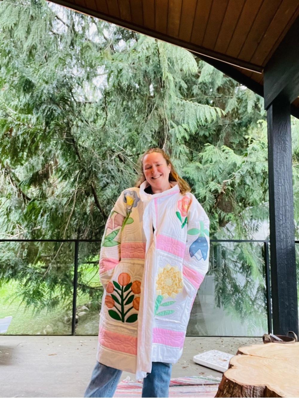 Handmade floral square quilt long jacket OS